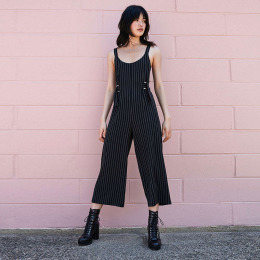 顯瘦直條紋 雙側綁帶修身連身寬褲