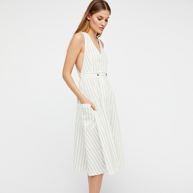 V領開叉 無袖高腰襯衫式連身洋裝