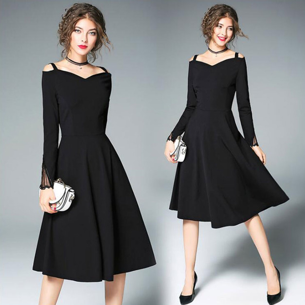 歐美赫本風 優雅大擺一字領百搭小禮服