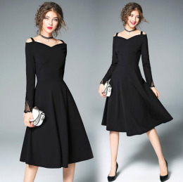 歐美赫本風 優雅大擺一字領百搭小禮服