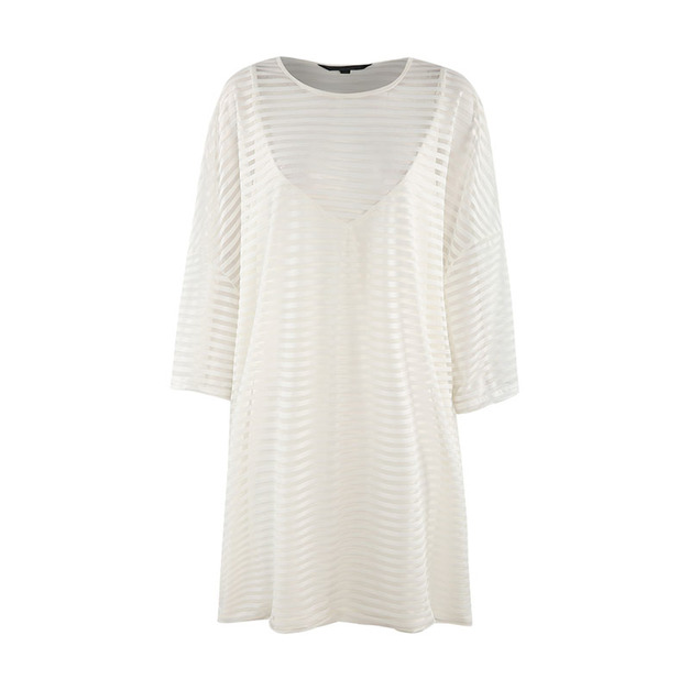 【大尺碼】歐美簡約風 微透橫條紋寬鬆顯瘦五分袖上衣