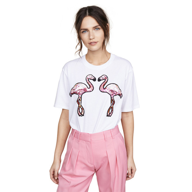 氣質風 粉色亮片火焰鳥圓領短袖T恤