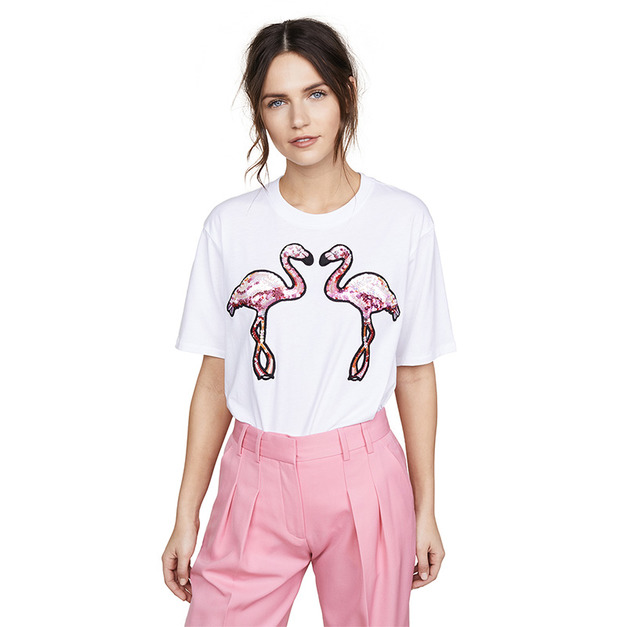 氣質風 粉色亮片火焰鳥圓領短袖T恤