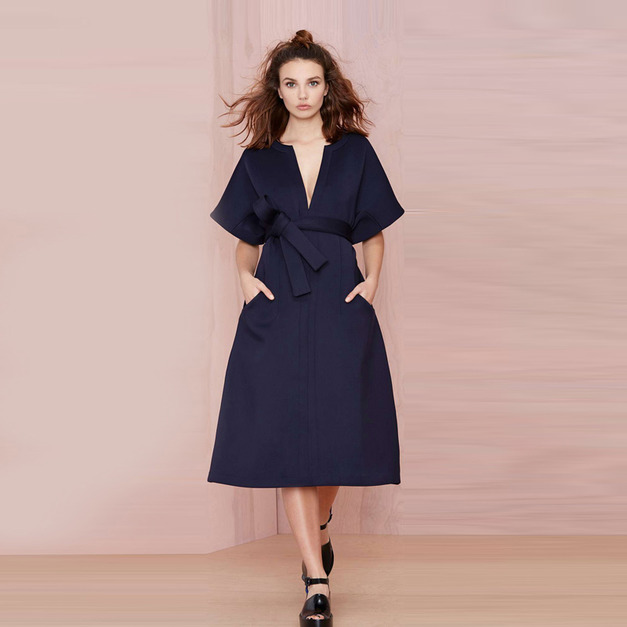 俐落赫本風 復古V領寬鬆大擺禮服洋裝