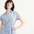 清爽風 條紋綁帶繫腰圓弧邊捲袖開叉襯衫洋裝_1