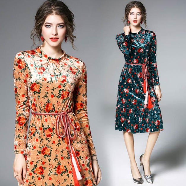 修身繫帶風 時尚花卉印花金絲絨魚尾洋裝