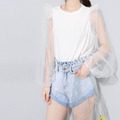 透明網紗風 飛肩燈籠泡泡袖拼接棉T上衣 (2色)_1