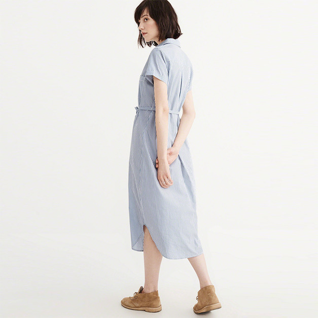 清爽風 條紋綁帶繫腰圓弧邊捲袖開叉襯衫洋裝