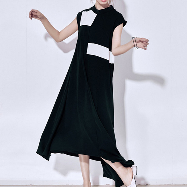港風撞色 小立領不對稱大擺休閒長版連身洋裝