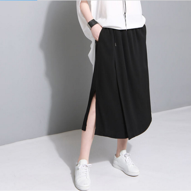 簡約小開叉 垂墜感假兩件雪紡七分裙寬褲 (2色)