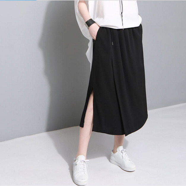 簡約小開叉 垂墜感假兩件雪紡七分裙寬褲 (2色)