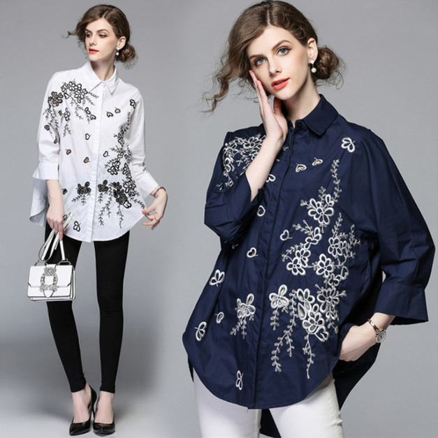 歐美時尚風格 花朵刺繡中長版襯衫