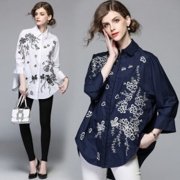 歐美時尚風格 花朵刺繡中長版襯衫