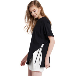 隨穿隨搭 側開叉綁帶黑色短袖T-Shirt