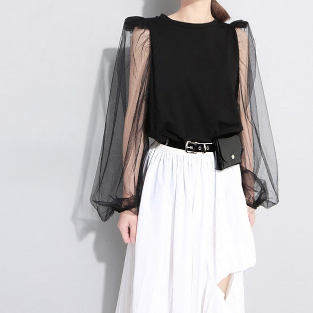 透明網紗風 飛肩燈籠泡泡袖拼接棉T上衣 (2色)