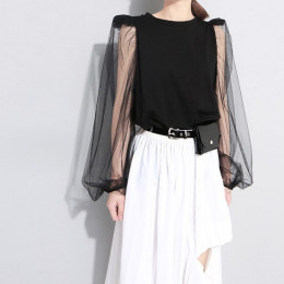 透明網紗風 飛肩燈籠泡泡袖拼接棉T上衣 (2色)