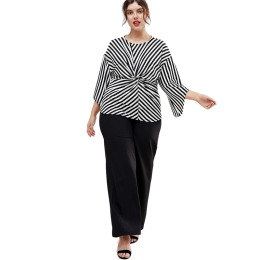 【大尺碼】通勤街頭風 OL氣質顯瘦條紋落肩襯衫上衣