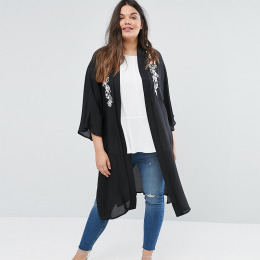 【大尺碼】飄逸感外搭 側開叉和服式雪紡刺繡開衫小外套