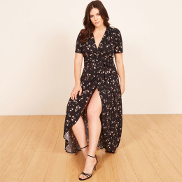 【大尺碼】波西米亞風 小碎花V領裹身開叉連身洋裝