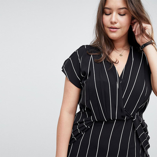 【大尺碼】OL條紋風 褶皺設計後下擺開叉洋裝禮服