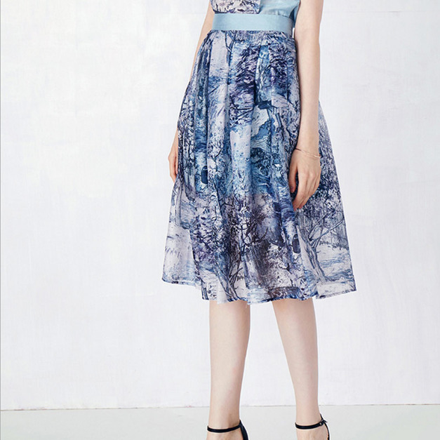 幾何風 雪紡印花歐美高腰百褶裙
