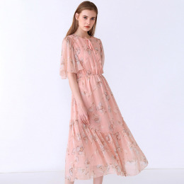 氣質小碎花 喇叭袖雪紡收腰連身洋裝 (2色)