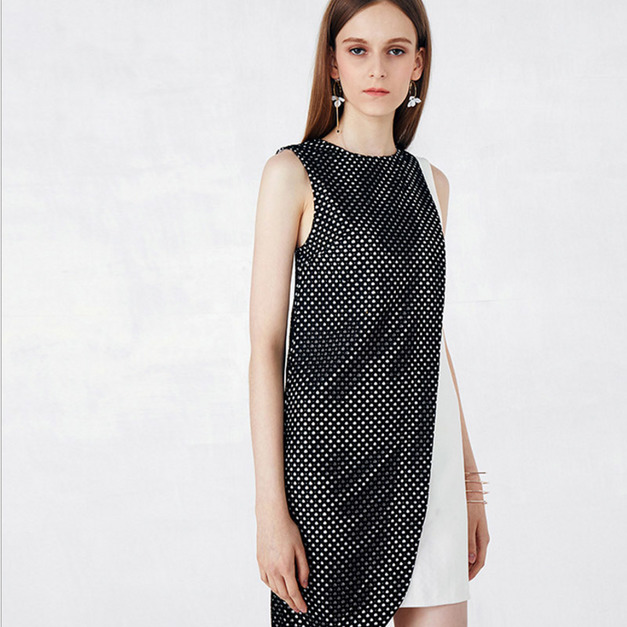 網眼無袖鏤空 歐美撞色拼接不規則洋裝 (2色)