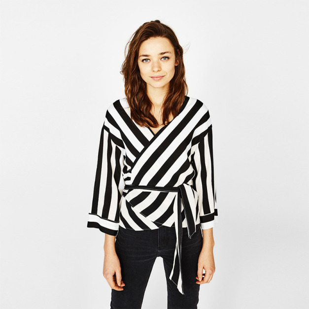 黑白撞色 裹身開襟式落肩綁帶襯衫