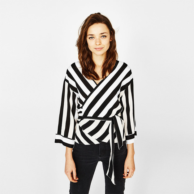 黑白撞色 裹身開襟式落肩綁帶襯衫