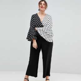 【大尺碼】個性雙色圓點拼接層次感喇叭袖襯衫