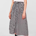 簡約學院風 歐美復古黑白格紋高腰綁帶中長裙_2
