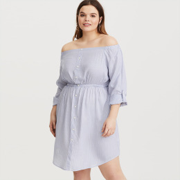 【大尺碼】一字領收腰顯瘦條紋單排釦連身洋裝