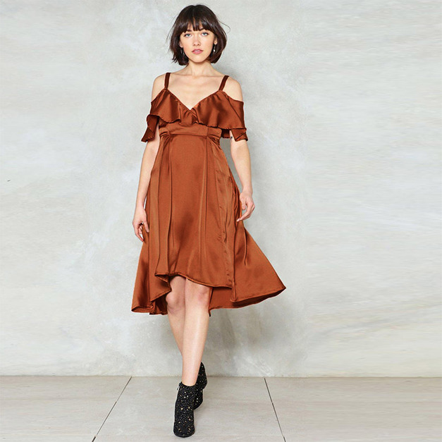 別緻時尚 淑女吊帶風V領荷葉邊小洋裝