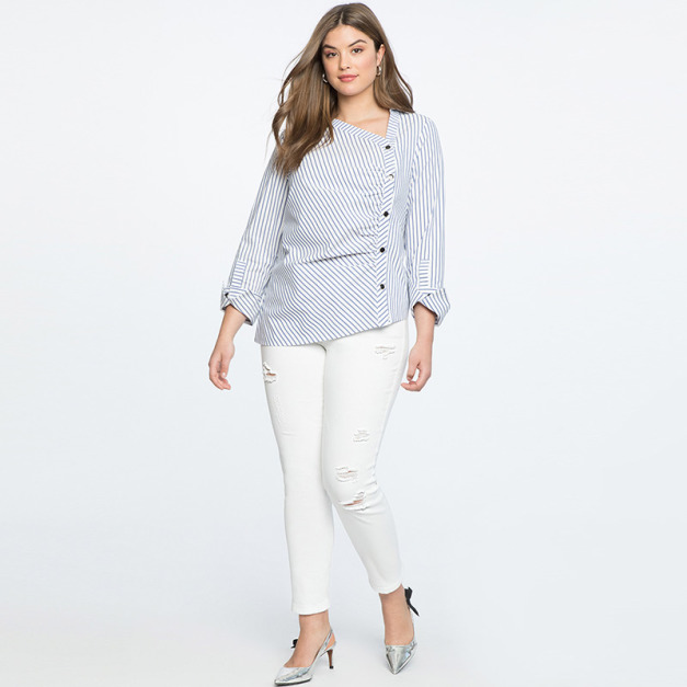 【大尺碼】歐風簡約 斜V領條紋不對稱顯瘦單排鈕扣襯衫