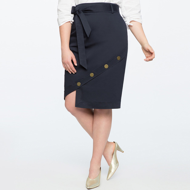 【大尺碼】高腰綁帶不規則鈕扣設計及膝裙