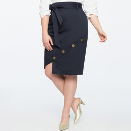 【大尺碼】高腰綁帶不規則鈕扣設計及膝裙