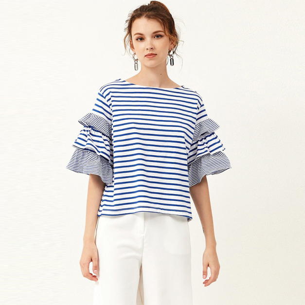 荷葉袖拼接 知性女孩五分袖百搭上衣