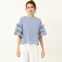 荷葉袖拼接 知性女孩五分袖百搭上衣