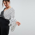 【大尺碼】個性雙色圓點拼接層次感喇叭袖襯衫_2