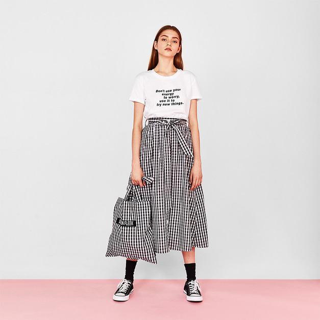 簡約學院風 歐美復古黑白格紋高腰綁帶中長裙