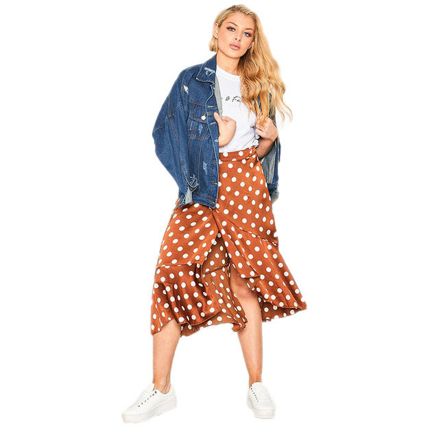 緞面點點風 裹身式綁帶荷葉邊不規則中長裙