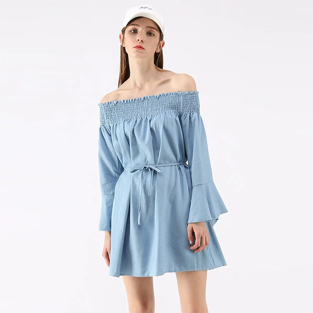 個性一字領 褶皺露肩綁腰喇叭袖連身洋裝