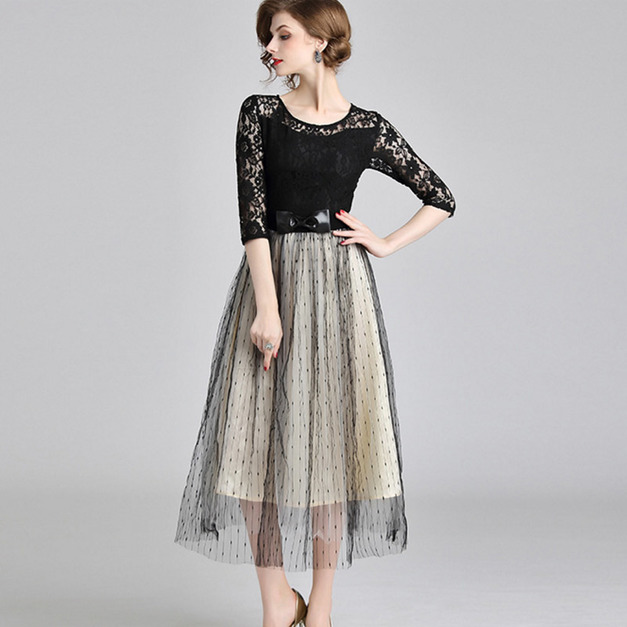 蕾絲網紗風 鈎花裙漸層風飄逸洋裝
