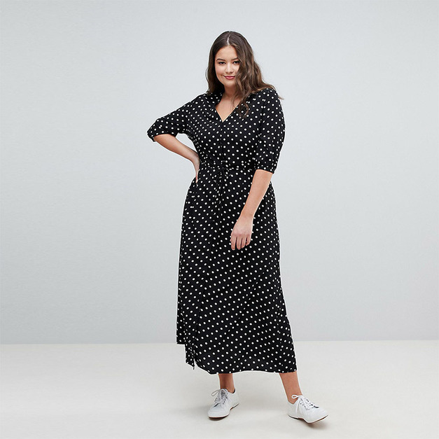 【大尺碼】優雅圓點點印花 V領收腰顯瘦連身洋裝
