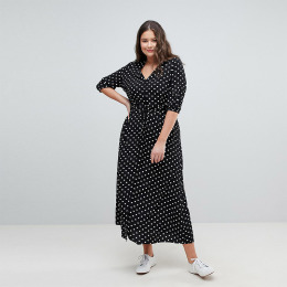 【大尺碼】優雅圓點點印花 V領收腰顯瘦連身洋裝