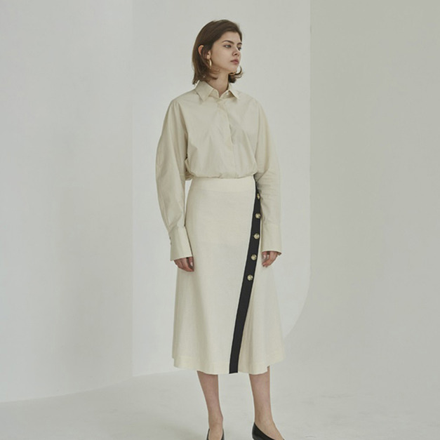 文青文藝風 高腰直筒撞色線條中長版半身裙