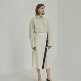 文青文藝風 高腰直筒撞色線條中長版半身裙