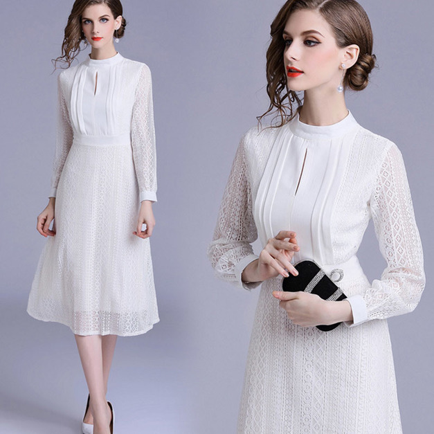 歐美復古 幾何蕾絲雪紡拼接氣質感中長版唯美洋裝