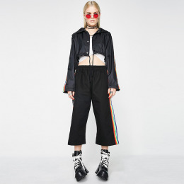 嘻哈街頭風 學院感彩虹線條撞色短版教練夾克外套