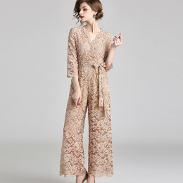 休閒V領繫帶顯瘦連身蕾絲寬褲